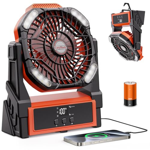 CosyHack Camping Fan Rechargeable, Battery Powered Fan with Lights, Outdoor Beach Tent Fans, 4 Speed, Adjustable Brightness for Picnic, Barbecue, Fishing, Office, Home