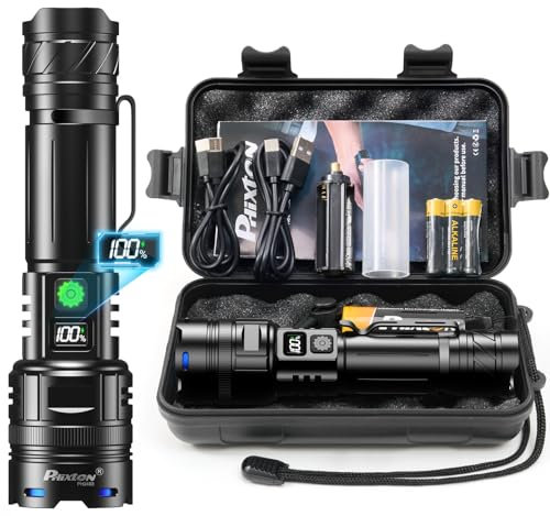 PHIXTON Rechargeable Torch LED Super Bright 500000 Lumens Single One Mode, Long Distance 1000 Meters Powerful Flashlight Zoomable, Long Lasting 10H Strong Touch, USB C Input & Output & Digital Display
