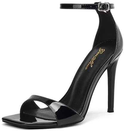 GENSHUO Scarpe col tacco alto da donna, un cinturino, punta aperta, stiletto da 10 cm, eleganti per feste di matrimonio, Vernice nera, 38 EU