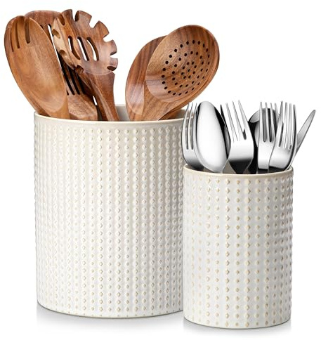 MALACASA LYDIA Ceramic Utensil Holders, 7.3+5.5 Kitchen Utensil Crock Set for Countertop, Large & Small Utensil Organizers for Cooking Tools, Rhombus Pattern