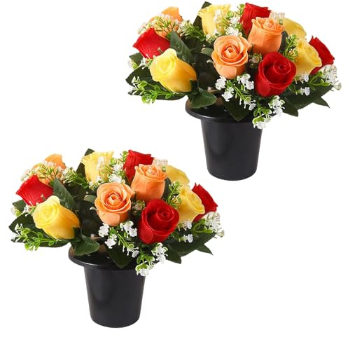 Artificial Flowers for Graves, 2 PCS Grave Flower Pots, Autumn Lilac Roses, Grave Ornaments, Funeral Memorial Fake Floral Bouquet, Cemetery Memorial Silk Bouquet in Pot for Outdoor Graveside (Orange)