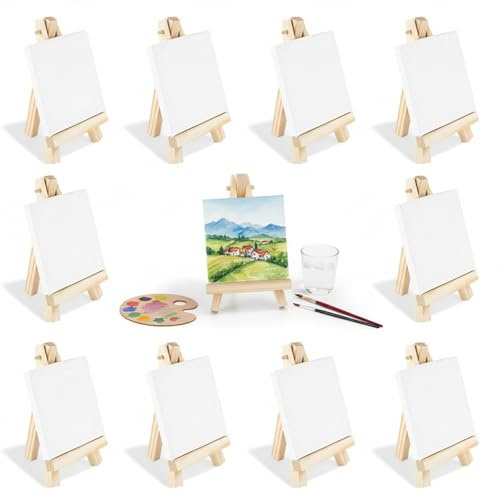 12x Mini Staffelei Naturholz 7x12.5cm klappbar mit 8x8cm Leinwand-Set - Handbemaltes -Malkreativset für DIY & Kunstausstellung (8 * 8 cm)