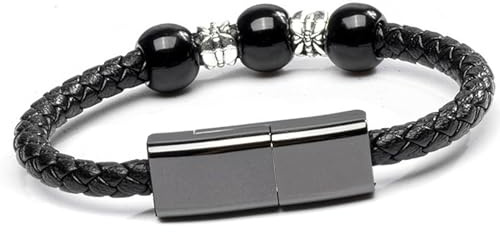 SAMERIO High-Tech Gadget Câble USB Bracelet Chargeur Conception de 3 Perles Porte-bonheur Court Portatif voyager Cable Cuir Tressé Rapide Charge Cable (Micro USB -22.5 cm)