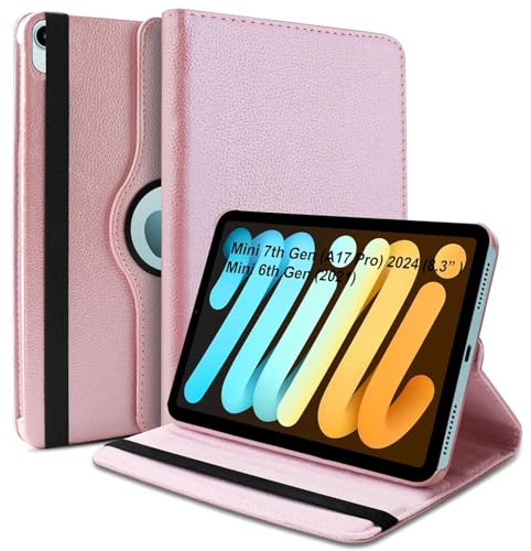 Worldbiz Case for iPad Mini 7 (A17 Pro, 2024) / iPad Mini 6 2021 8.3-Inch, 360 Degree Rotating Leather Protective Stand Cover, Auto Wake Sleep, A2995/A2996/A2567/A2568 (Rose Gold)