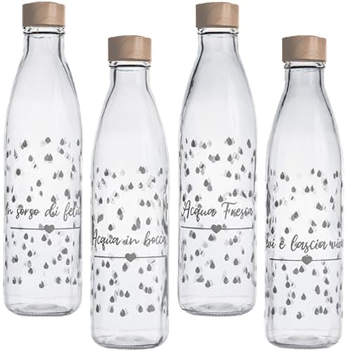 Home Tresor Set 4 Bottiglie Vetro Acqua 1 Litro, Tappo a Vite Acciaio Inox, Caraffe da Tavola Borracce Trasparenti Serigrafate Multiuso Bevande Succhi Lavabili