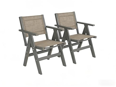 HIPS Outdoor Folding Dining Chair with Woven Seat & Back, Set of 2, Weather Resistant Patio Chair with Armrests for Deck, Backyard, Garden, Poolside (Carbon Grey)
