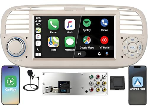 Wireless CarPlay Autoradio Display für FIAT 500 2007-2015 1 DIN Bluetooth | Linux System,2s Schnellstart,Plug&Play,CANBUS,Unterstützt Rückfahrkamera und DAB+,Lenkradsteuerung,Bluetooth,RDS,Android auto