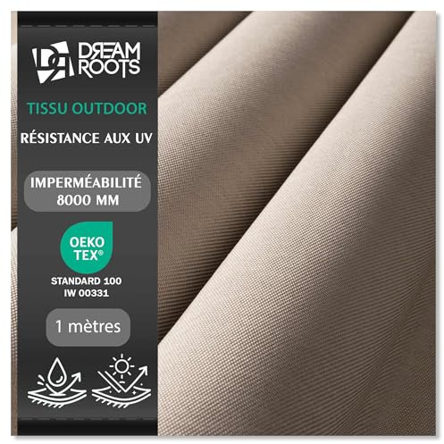 DreamRoots Tela Impermeable por Metros Efecto Lino UV, Beige, 1 m | Tela gruesa 240 g/m², columna de agua 8000 mm, tela de toldo por metros, textileno, exterior, tapizar, antimanchas