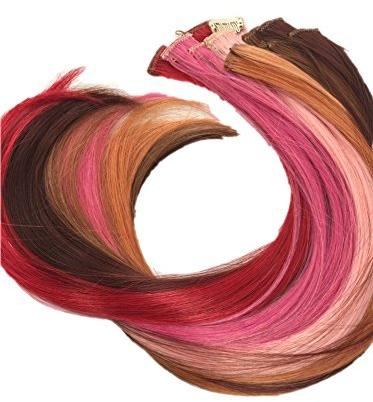 Prettyland - GHW08 bunte Strähnen multifarbig Extension Set 12-teilig Haarteil Clip-in glatt - Rot Pink Rosa- Set 1