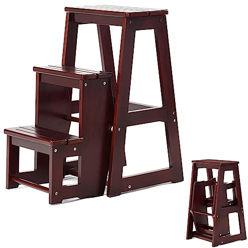 COSTWAY Tritthocker 3 Stufen, Leiterstuhl Trittstuhl klappbar, Hockerleiter bis 150 kg, 66 cm hoch, Trittleiter aus Massivholz, Haushaltsleiter Aufstiegshilfe Pferd (Braun)