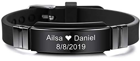 MeMeDIY 15mm Breites Armband Silikon Einstellbare Sport Name Handgelenk Id Etikett Identifikation Personalisierte Armband Für Herren Damen Kinder Edelstahl Gummi Angepasst Gravur (Schwarz Farbe)