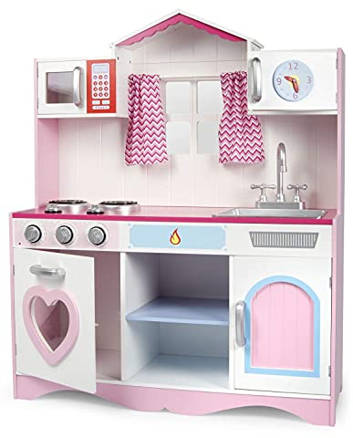 Leomark Cocina de Madera Grande para Niñas Rosa con Luz y Sonido + Juego de Ollas Metálicas y Utensilios | Cocina Infantil de Juguete con Horno, Fregadero, Microondas y Estantes