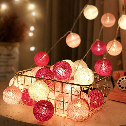 6cm Guirlande Lumineuse Boule Coton, DOTBUY Decoration Noël, LED Guirlande Lumineuse à Piles, Enfant, Chambre Mariage jardin Sapin de Noël Décorations (Rose fée,1.8M/10LED)