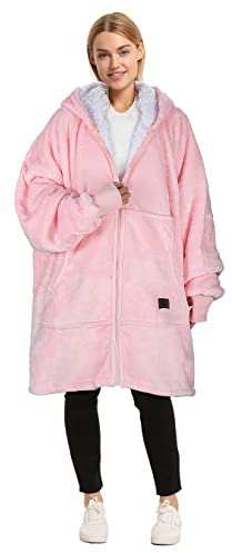Catalonia Classy Felpa con Cappuccio Oversize con Cerniera, Coperta Sherpa Indossabile, Maglione Indossabile Caldo Super Morbido, Felpa Gigante Cuscino da Viaggio Maglione Uomo Donna, Rosa