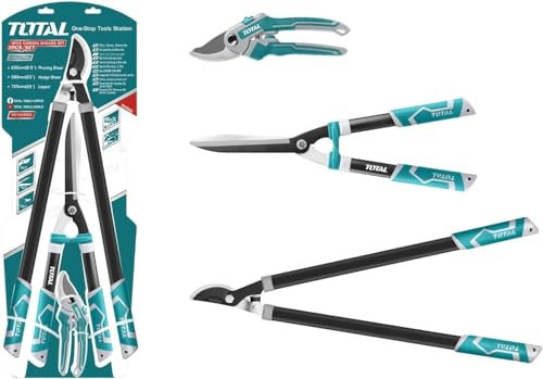 TOTAL - Set de Corte para Jardinería Mod. THT1576033 - Juego de 3 Tijeras de Poda: 1 de 220 mm, 1 Cortasetos de 580 mm y 1 de Dos Manos de 725 mm - Kit Completo para Poda y Jardín