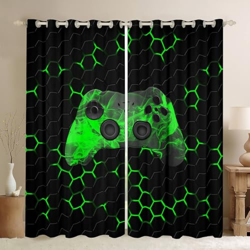 Homewish Gamer Gaming Fenstervorhänge für Jungen Geometrisches Wabenmuster Sechseck Vorhänge Kinder Cool Spielen Vorhang Videospiel Gamepad Ösenvorhänge für Spielzimmer Grün Schwarz 245x140, 2 Paneele