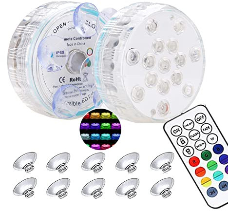 BIGFOX Lumière LED Submersible 2 Pcs,Eclairage Piscine LED Sous l'eau IP68 Étanche 16 RGB Couleurs,Lampe Piscine avec Télécommande RF et Ventouse,Lumiere Piscine pour Aquariums,Baignoire,Vase,Étangs