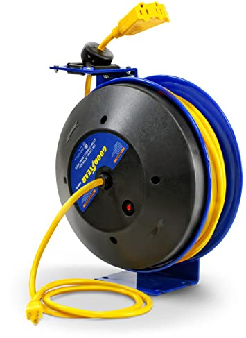 Goodyear Extension Cord Reel Retractable 12AWG x 50' Feet 3C SJTOW Cable Triple Tap Connector Power Rating 125 Volt AC 13 Amp 1625 Watt Industrial Steel Single Arm