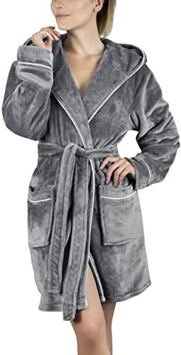 Gräfenstayn Bademantel Damen flauschig mit Kapuze - Kuschelfleece - Öko-Tex Standard 100 - Morgenmantel leicht & kurz - Größe (L, Grau)