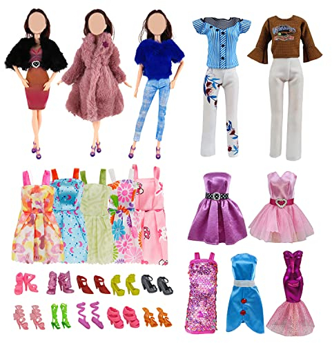 25 Sets mit 30 cm Puppenkleidungszubehör, Wolljacken, Plüschoberteilen und -Hosen, Plüschjackenanzügen, Modekleidern, Paillettenkleidern, Oberteilen und Hosen, zufälligen Minikleidern und Schuhen