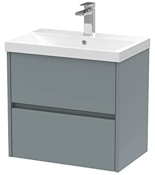 Hudson Reed Wall Hung 2 Drawer Vanity Unit & Thin-Edge Ceramic Basin, 600mm, Matt Coastal Grey