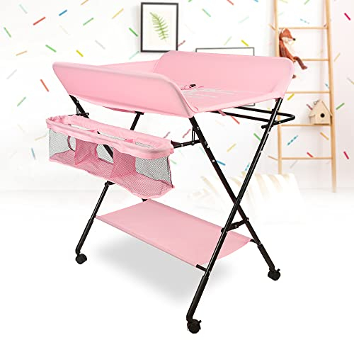 Wickelkommode klappbar Babypflegetisch/mobiler Wickeltisch, Wickeltisch mit Sicherheitsgurt Ablagefächern, tragbar Wickeltisch, platzsparend & stabil (Rosa)