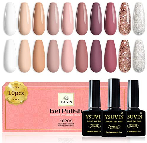 Yueshop Gel Nail Polish Set-10PCS White Beige Glitter Sparkle Nude Pink Purple Serie Gel Nail Polish, Soak Off UV Gel Nail Varnish Manicure Kit Cured Gel Nail Required For Women Beauty(10x 8ml)