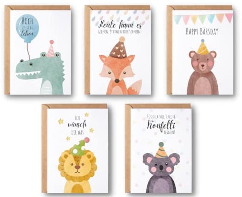 Essi's Stoff Boutique 5 Glückwunschkarten für Kinder im Set mit Umschlägen, Geburtstagskarten mit Tier Design, Happy Birthday Karten für Jungen und Mädchen im Vorteilspaket