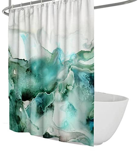 SAISEMIHOME Cortina de Ducha Verde Mármol Crack Tinta Estilo de Pintura Abstracto Moderno Verde Blanco Tela Impermeable Cortina de Ducha de baño con Gancho W200xL240cm
