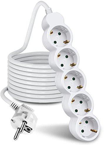 EXTRASTAR Regleta Alargador de 3 Metros con 5 Enchufes, 5 Tomas Regleta Alargador para el hogar, Oficina y Viajes, Blanco 1Pc