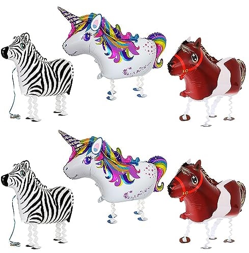 SUNSK Folienballon Tier Walking Luftballons Airwalker Einhorn Ballon Pferd Pony Airwalker Ballon Folienballon Laufendes Zebra Walking Tier Folienballons Helium Ballons für Kinder 6 Stück