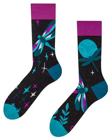 Dedoles Socken Unisex Damen Herren & Kinder Baumwolle viele lustige Designs 1 Paar Geschenk links rechts verschieden, Farbe Schwarz, Motiv Libellen in der Nacht, Gr. 35-38