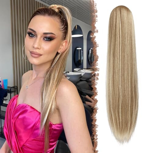 FESHFEN Pferdeschwanz Extensions mit Kordelzug Lang Gerade Zopf Kordelzug Pferdeschwanz Haarteil Glatt Gemischtes Blond Haarverlängerungen Synthetik Drawstring Ponytail Extension für Damen 60 cm