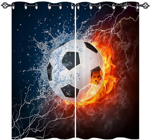 YUANZU Fußball-Vorhänge, 107 x 160 cm (B x L), Sportthema, Wasserflamme, Fußball, Feuerbälle, Druckmuster, Lichtfilterstoff, Fenstervorhänge für Jungen, Kinderzimmer, Baby-Spielzimmer, 2 Paneele