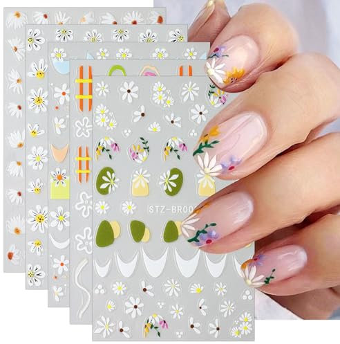 JMEOWIO 6 Sheets Flower Daisy Nail Art Stickers Decals Self-Adhesive Floral Spring Summer Nail Supplies Nail Art Design Decoration Accessories