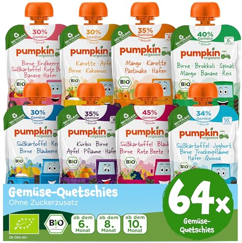 Pumpkin Organics 64er Pack QUERBEET Bio Gemüse-Quetschies - Quetschie ohne Zuckerzusatz¹ - Babynahrung für Babys ab dem 10. Monat - Vorratspaket (64x100g)