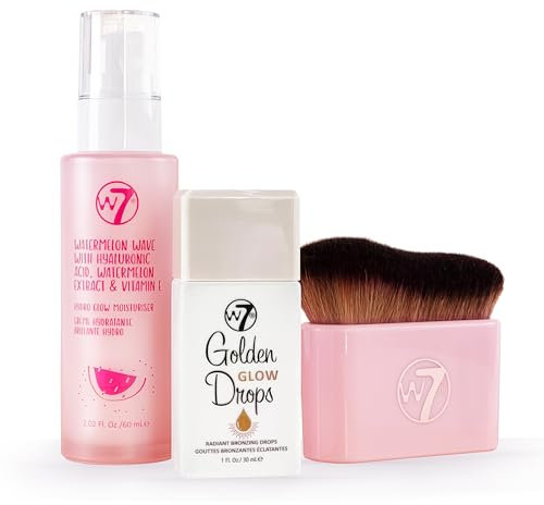 W7 Golden Glow Drops Essential Trio - 3 Piece Set - Liquid Bronzing Drops, Moisturiser & Body Brush
