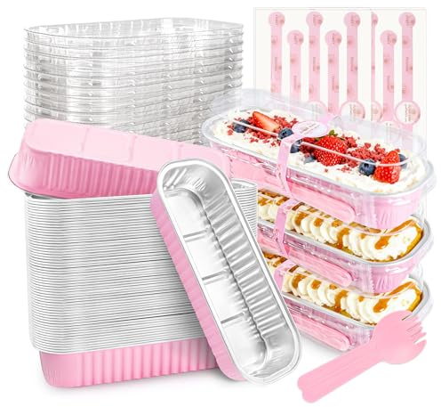 NPLUX Mini Loaf Pans with Lids, 50 Pack Pink 6.8oz for Party Favors