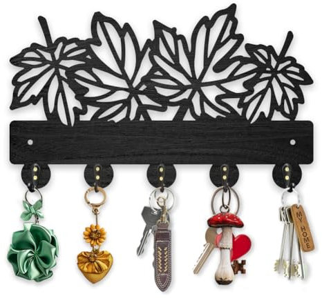 MAYJOYDIY Porte Clés Mural en Bois en forme de feuille d'érable 30 x 18.4 cm Motif feuilles d'automne Noir pour clés avec 5 crochets en alliage pour cadeau, entrée, chambre à coucher, salon