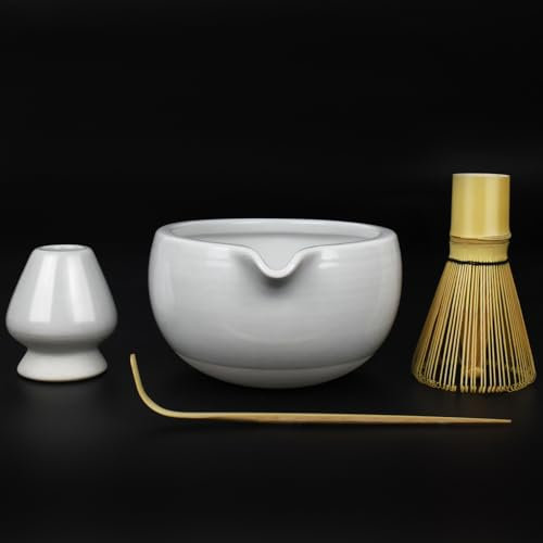 Artcome 4 Pcs Complete Matcha Tea Ceremony Kit - Bowl, Whisk, Whisk Holder, Tea Scoop - for Usucha, Koicha and Matcha Latte (White)