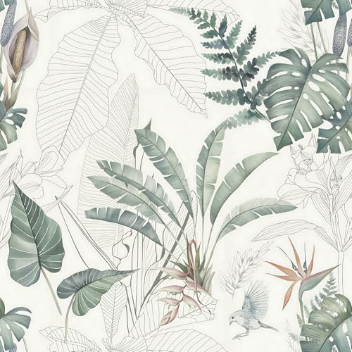 LiKiLiKi Tropical Wallpaper Peel and Stick Wallpaper Olive Light Green Palm Tree Leaf Contact Wall Paper Self Adhesive Floral Boho Wallpaper for Bathroom Bedroom Living Room Kitchen 17.3”x118”