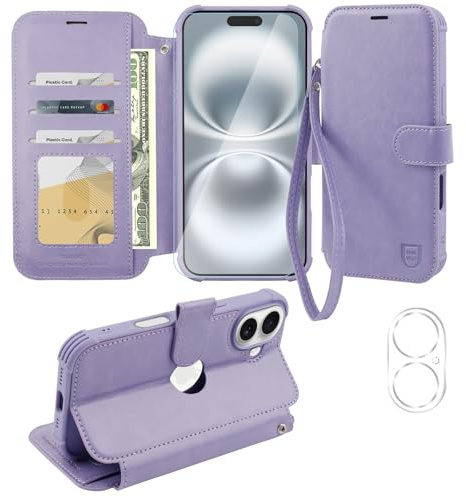 VANAVAGY Wallet Case for iPhone 16-6.1 Inch,Clove Purple | PU Leather Flip Folio,Slim,12ft Drop Protection,RFID Blocking Card Holder,Kickstand,Wrist Strap,Includes Screen Protector