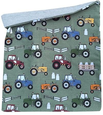 Wollhuhn Kinder Long Loop MAXI Halswärmer/Schlupf-Schal Extra Lang Jungen/Mädchen Viele Motive 20240201 (Baumwolljersey, Trecker Grün/Bunt)