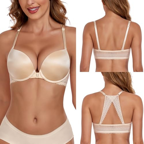 Lemorosy Reggiseno Push Up Donna V Profondo Imbottito Chiusura Anteriore con Ferretto per Taglie Forti Pizzo Schiena Decorativo T-Shirt (Beige,4D)