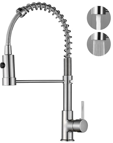Küchenarmatur aus gebürstetem Nickel mit herausziehbarem Sprühkopf, Doppelfunktion, Federhals, Topffüller, Küchenspüle, Armaturen