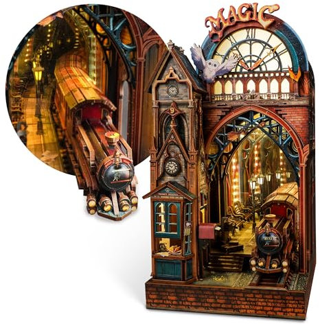 FUNPOLA LED 3D Puzzle Magische Station Book Nook Kit - Interaktives 3D Holzpuzzle LED Magische Miniatur mit unendlichem Erweiterungsraum - DIY Bücherregal Einsatz Dekor Geschenke