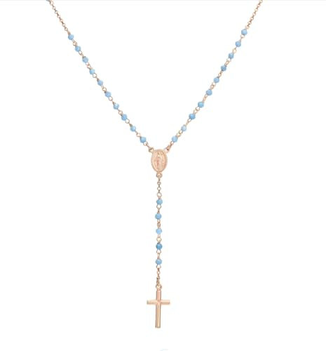 VLNET Amen collana rosario classico in argento 925 rose' con cristalli blu e tortora.Collezione Rosari di Amen.Lunghezza 48+2 cm. Unisex