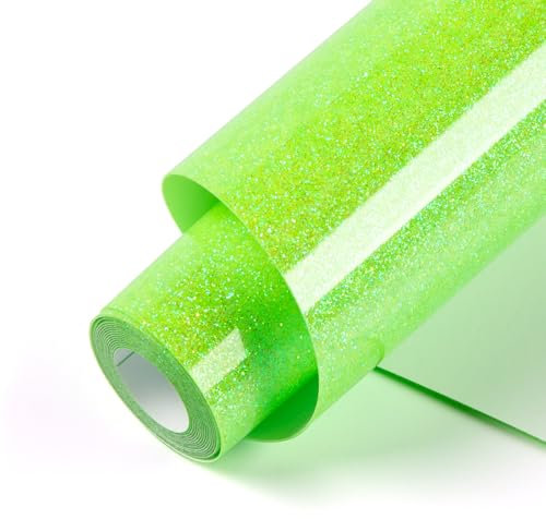 HTVRONT Glitter Heat Transfer Vinyl - 10 x 5FT Neon Green Glitter HTV Vinyl for T-Shirts, Neon Green Glitter Iron on Vinyl for All Cutter Machine