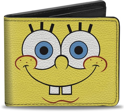 Buckle-Down SpongeBob SquarePants Bifold Wallet | SpongeBob SquarePants Im Ready Face Close Up Yellow Green Billfold Credit Card and ID Slots Vegan Leather