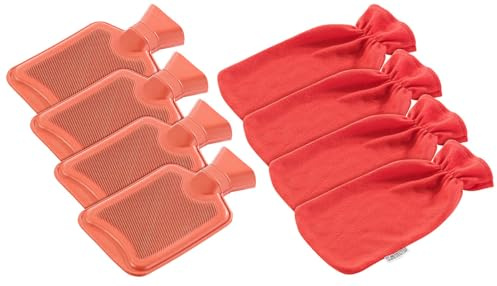PEARL Bettwärmflaschen: 4er-Set Wärmflaschen Größe M mit flauschigem Vlies-Bezug, rot, 1 Liter (Wärmeflasche, Wärmekissen)